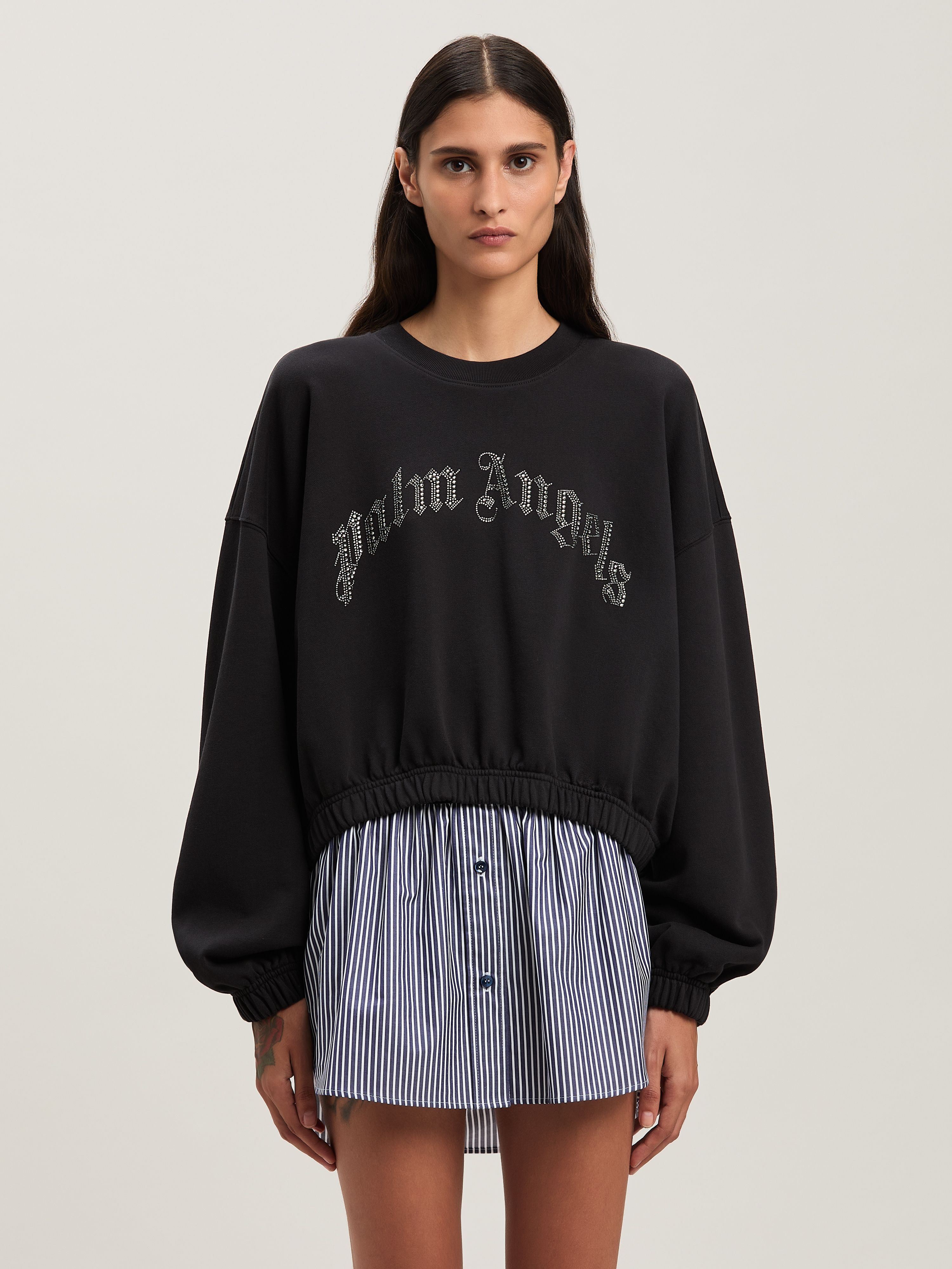 PALM ANGELS  Curvedl Logo embroidered cropped sweatshirt BLACK - SILVER PWBA057S25FAB001