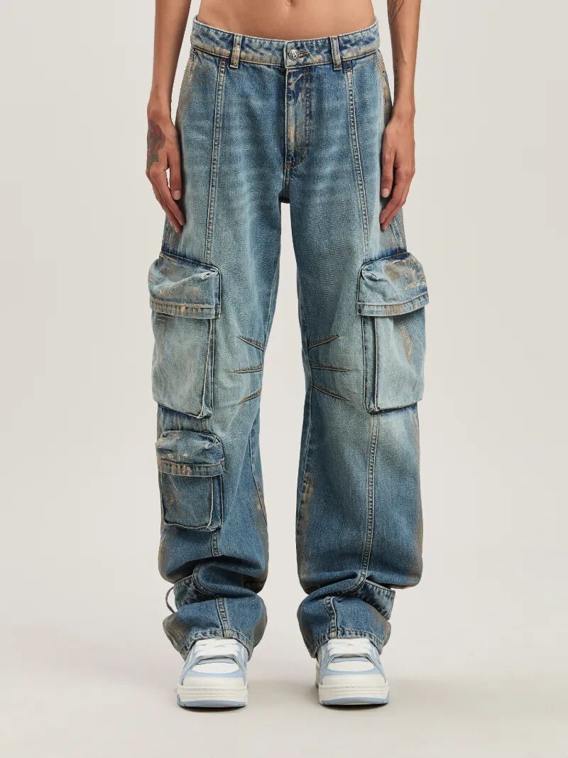 PALM ANGELS  Metal brushed cargo denim pants MEDIUM BLUE - SILVER PWYB029S25DEN001