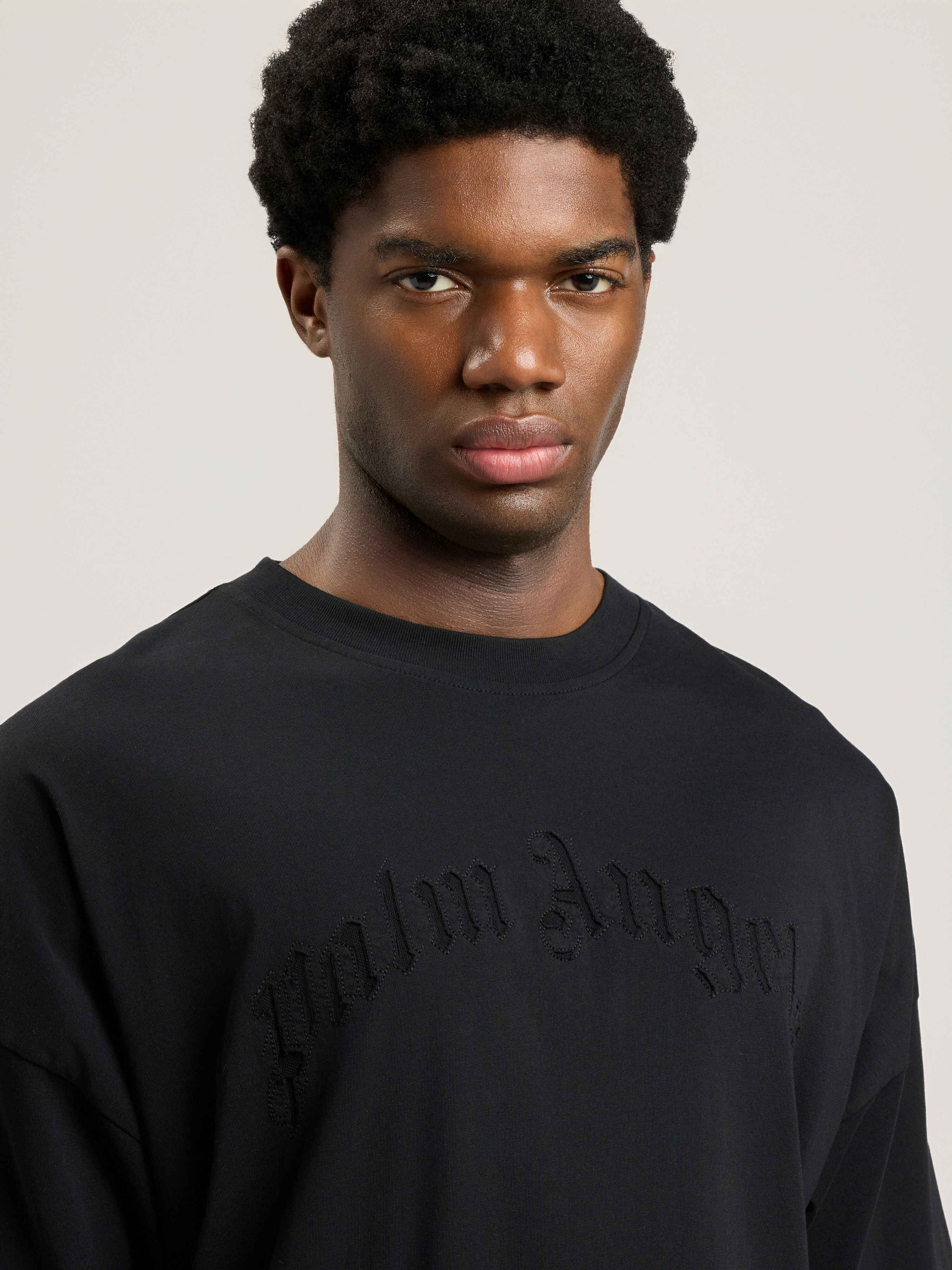 Curved Logo Loose Double T-Shirt in BLACK BLACK for Men | Palm Angels®