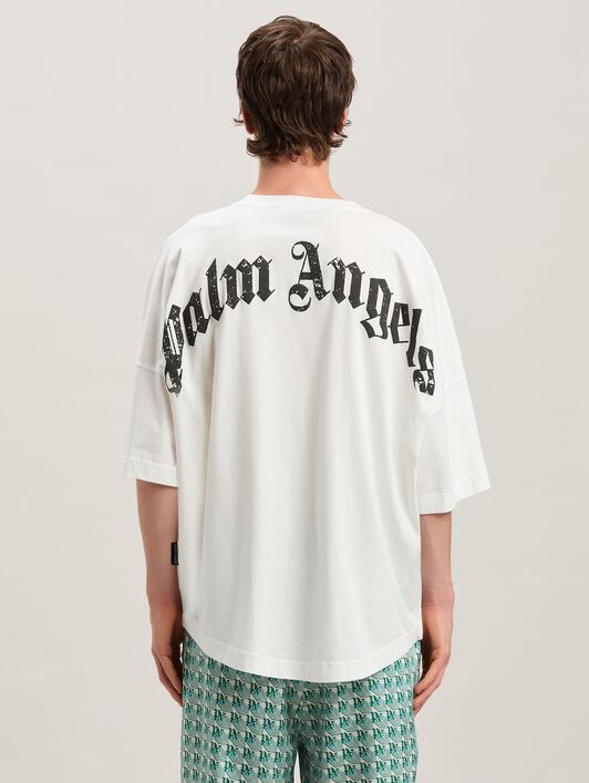 PALM ANGELS Curved logo Oversize T-shirt OFF WHITE - NERO PMAA002S25JER001
