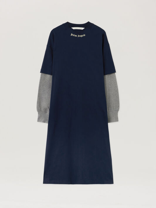 Curved Logo Layered Dress PALM ANGELS Curved Logo Layered Dress DARK BLUE - OFF WHITE PWDE005F25JER001