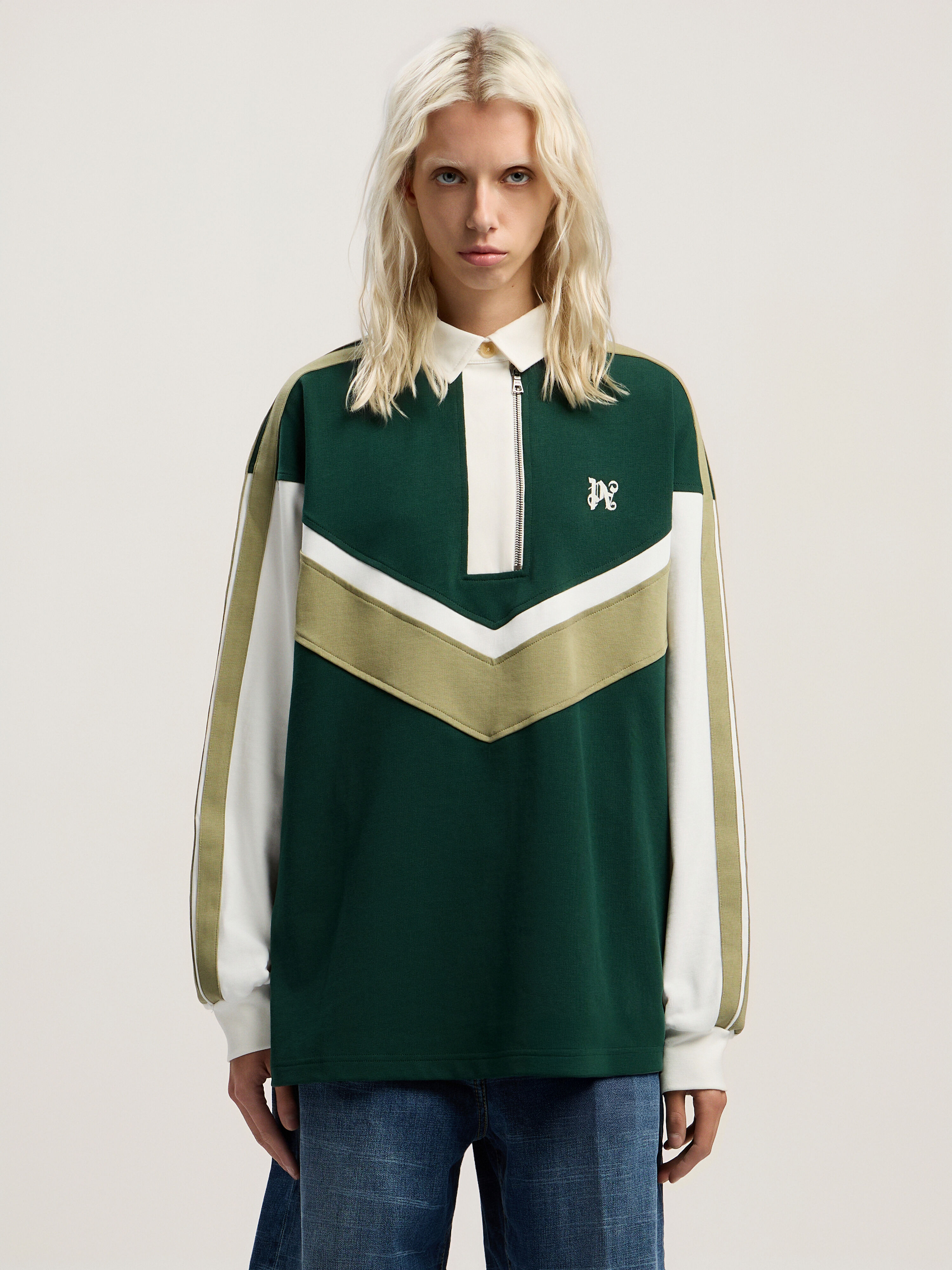 PALM ANGELS Monogram Colorblock Polo Shirt DARK GREEN - OFF WHITE PWGC011F25FAB001