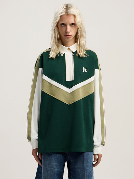 Monogram Colorblock Polo Shirt PALM ANGELS Monogram Colorblock Polo Shirt DARK GREEN - OFF WHITE PWGC011F25FAB001