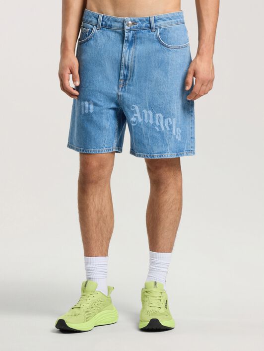 PALM ANGELS Splitted Curved Logo Loose Denim Shorts LIGHT BLUE - LIGHT BLUE PAMYC01F26DN01