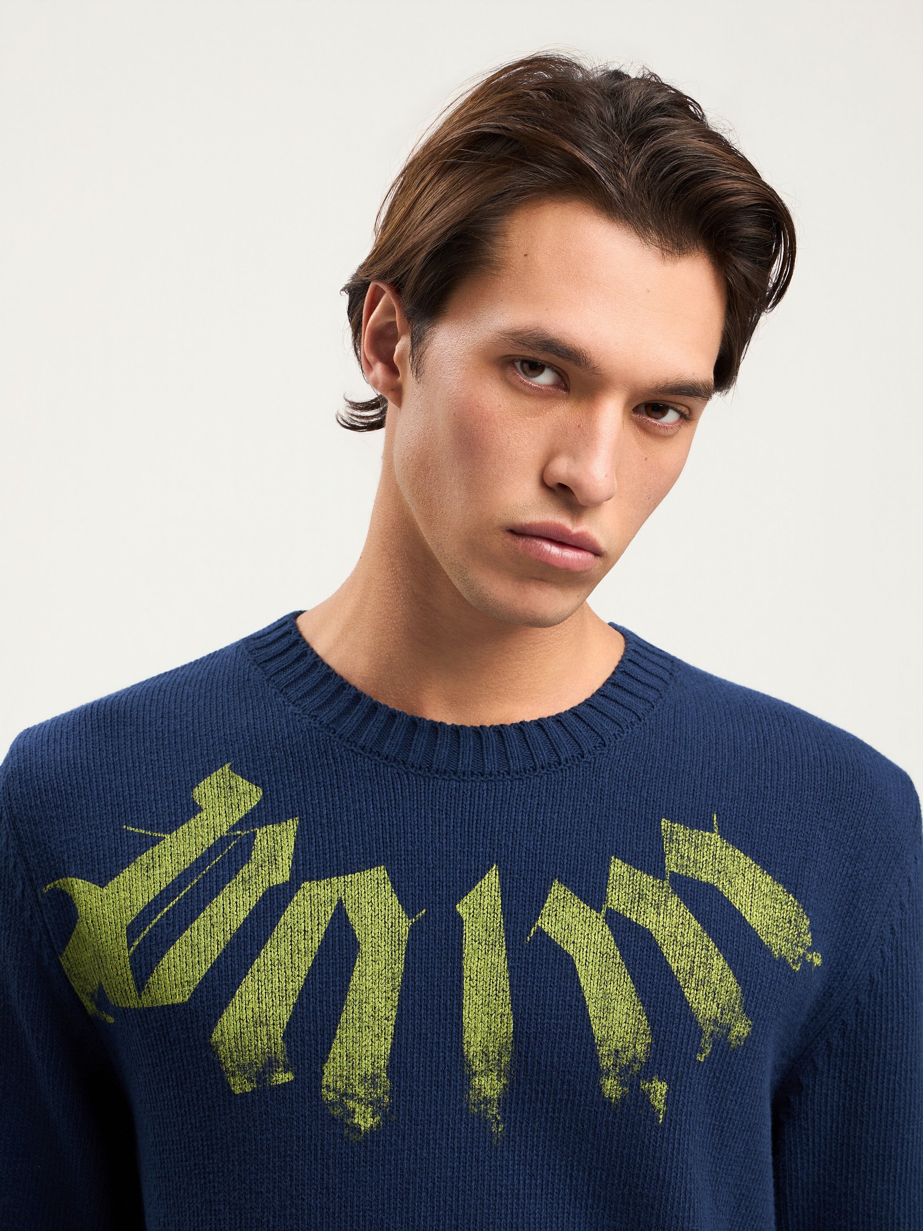 Big Neck Logo Sweater PALM ANGELS Big Neck Logo Sweater NAVY BLUE LIME PMHE08CS26KNI001