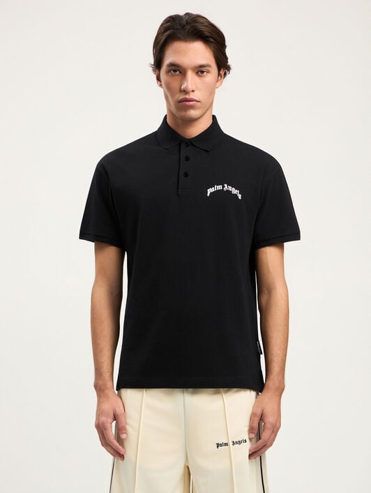 PALM ANGELS Curved Logo Polo Shirt BLACK OFF WHITE PMGB012S26FAB005