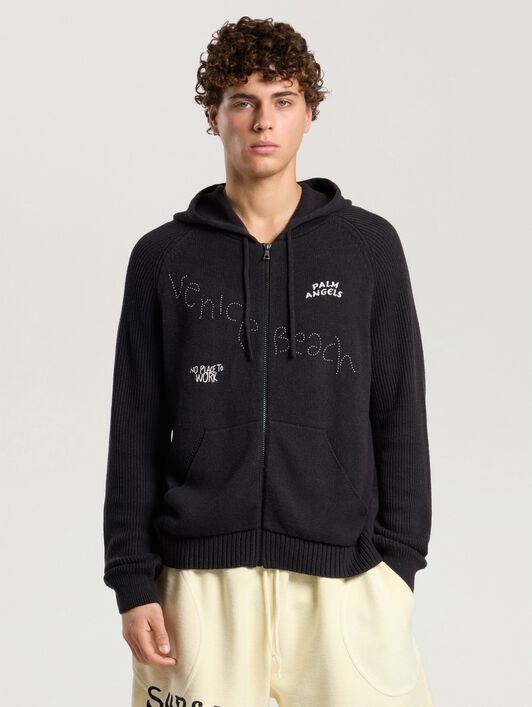 PALM ANGELS Surfer Dreams Knit Zip-Up Hoodie BLACK - OFF WHITE PAMHU03F26KN01