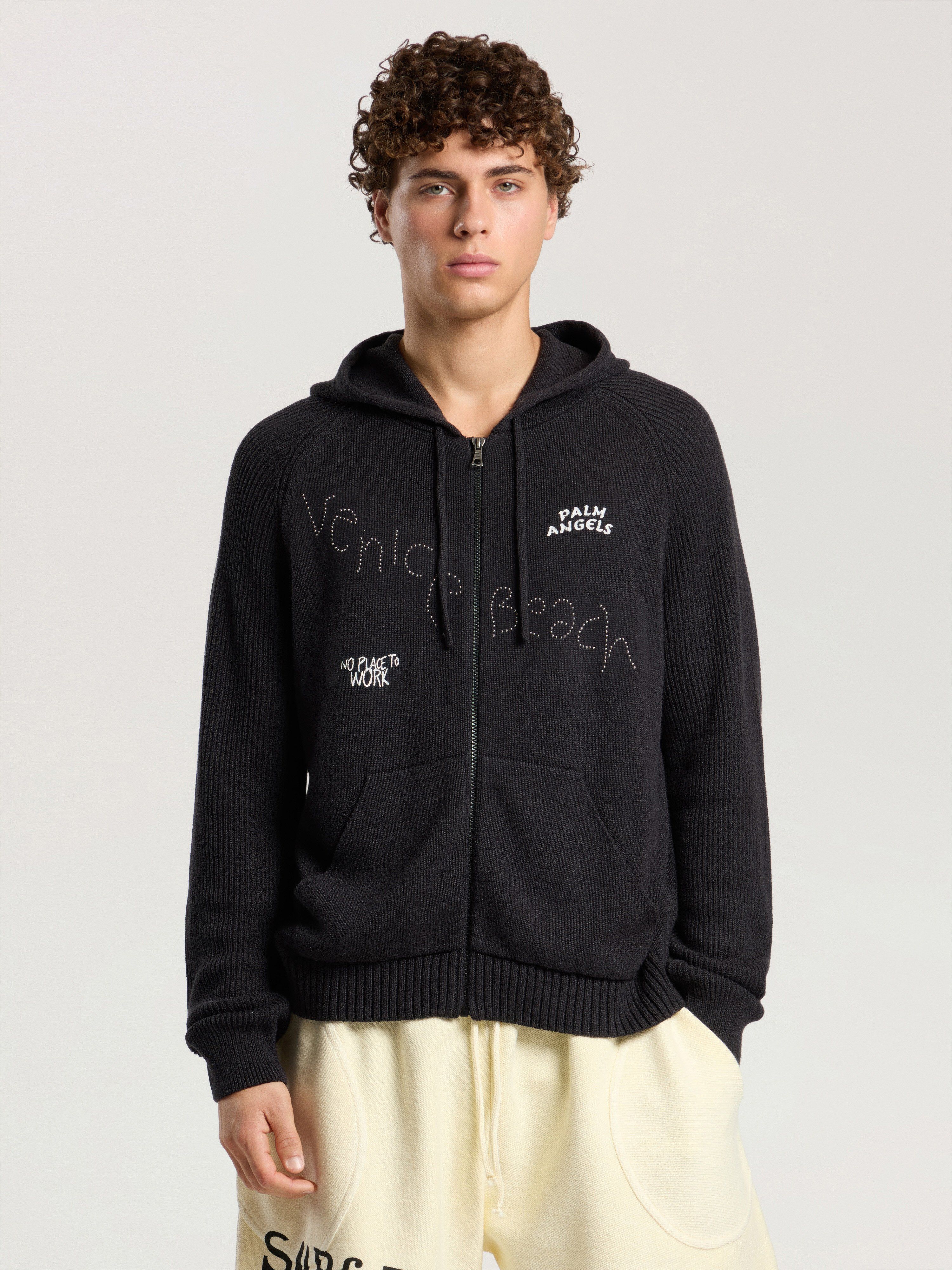 PALM ANGELS Surfer Dreams Knit Zip-Up Hoodie BLACK - OFF WHITE PAMHU03F26KN01