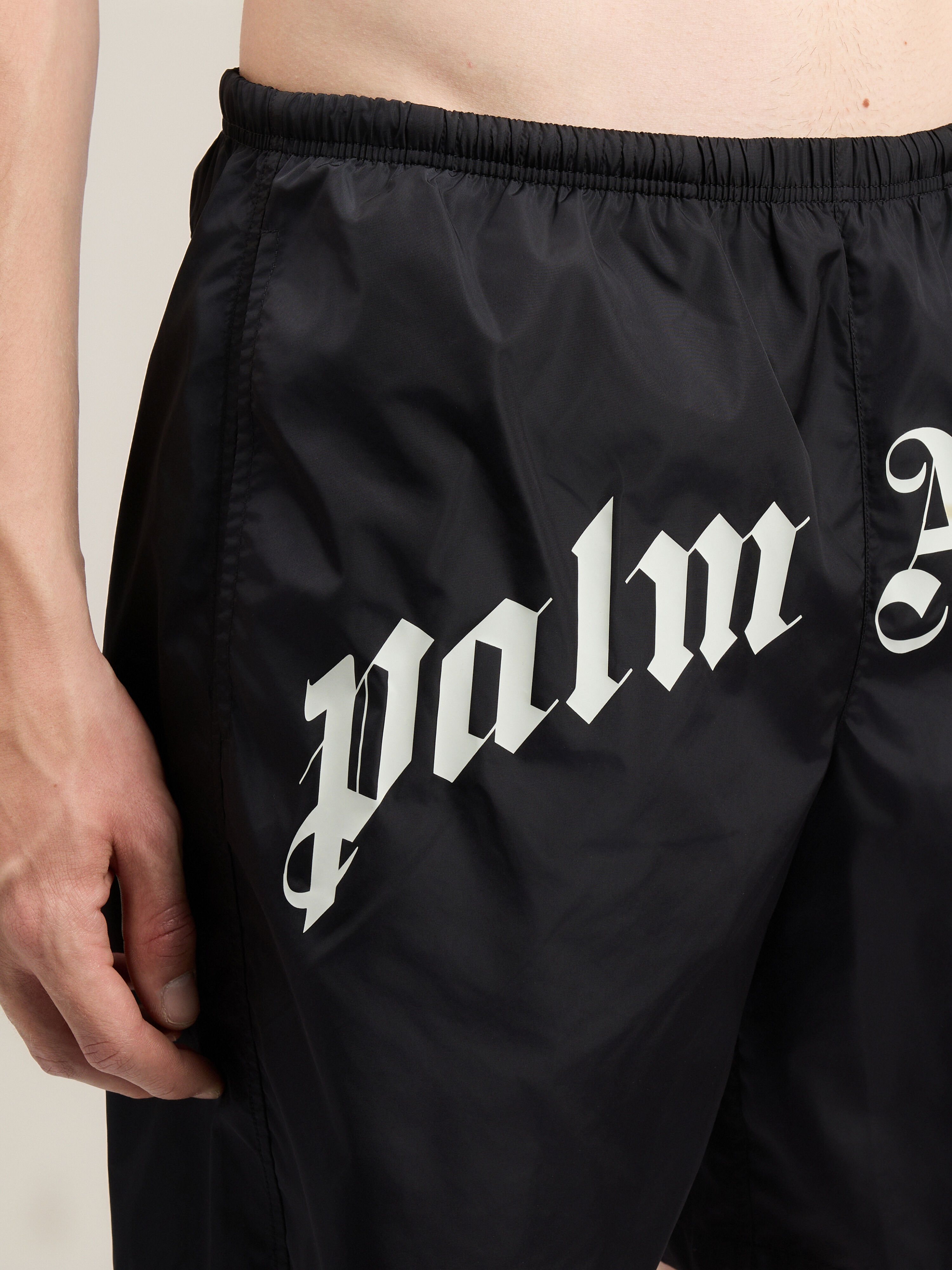 Curved Logo Swimshorts in BLACK OFF WHITE for Men | Palm Angels®