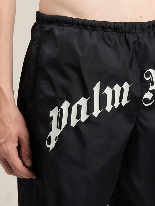 PALM ANGELS Curved Logo Swimshorts BLACK OFF WHITE PMFD018S26FAB001