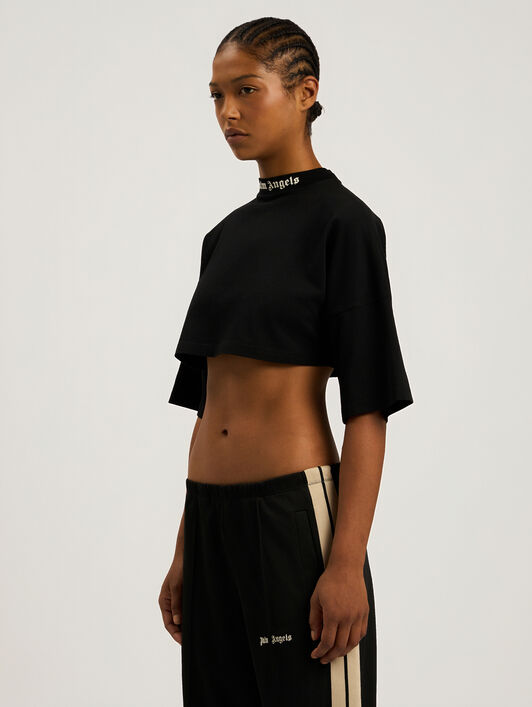 PALM ANGELS Back Curved Logo Cropped T-Shirt BLACK - CREAM PAWAA01F26JR01