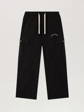 PALM ANGELS Curved Logo Loose Cargo Pants BLACK OFF WHITE PMCF037S26FAB001