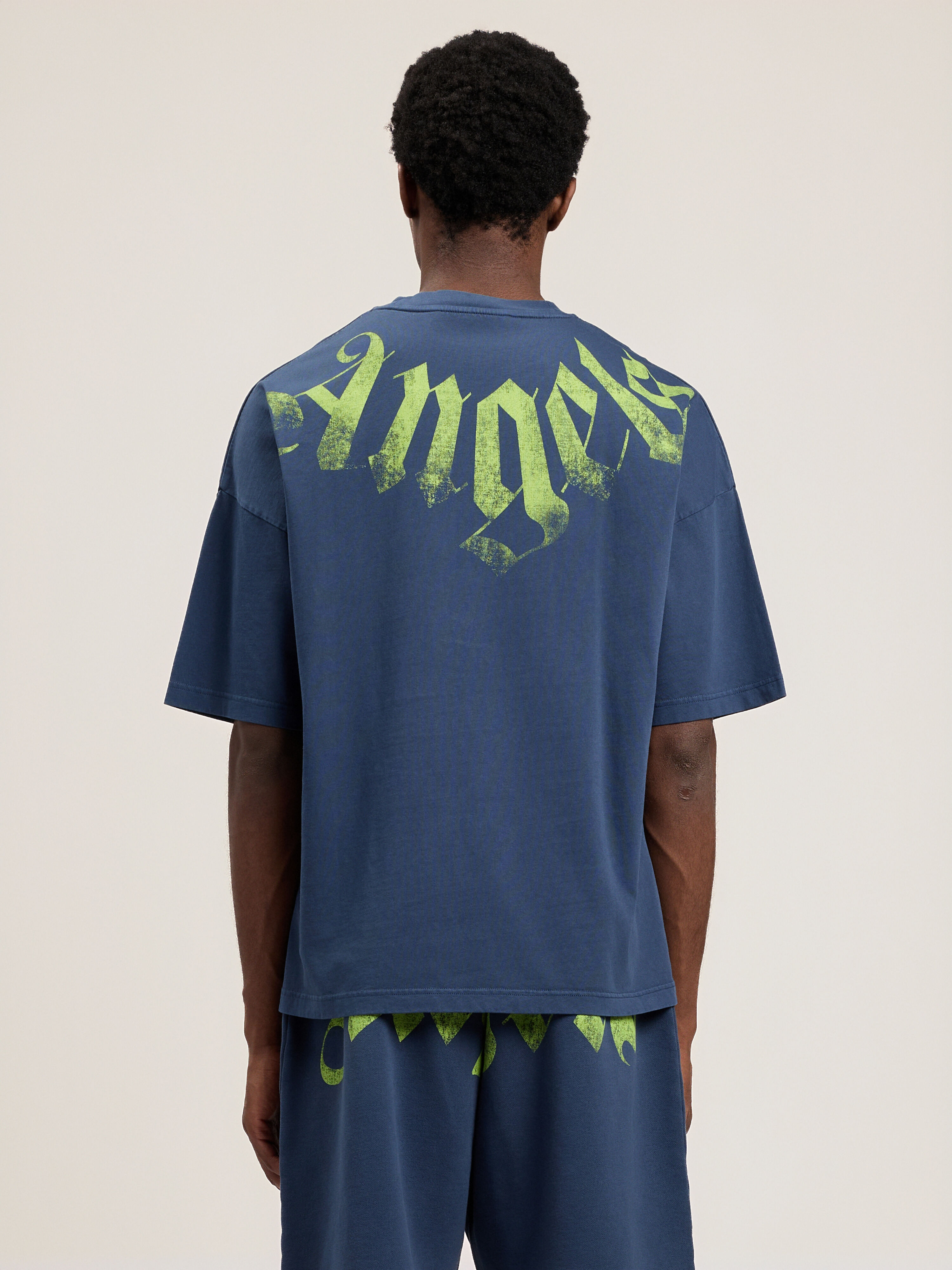 PALM ANGELS Big Neck Logo Loose T-Shirt NAVY BLUE LIME PMAA10DS26JER002