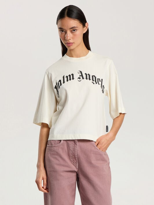 Curved Logo Boxy T-Shirt PALM ANGELS Curved Logo Boxy T-Shirt OFF WHITE - BLACK PAWAA03F26JR01