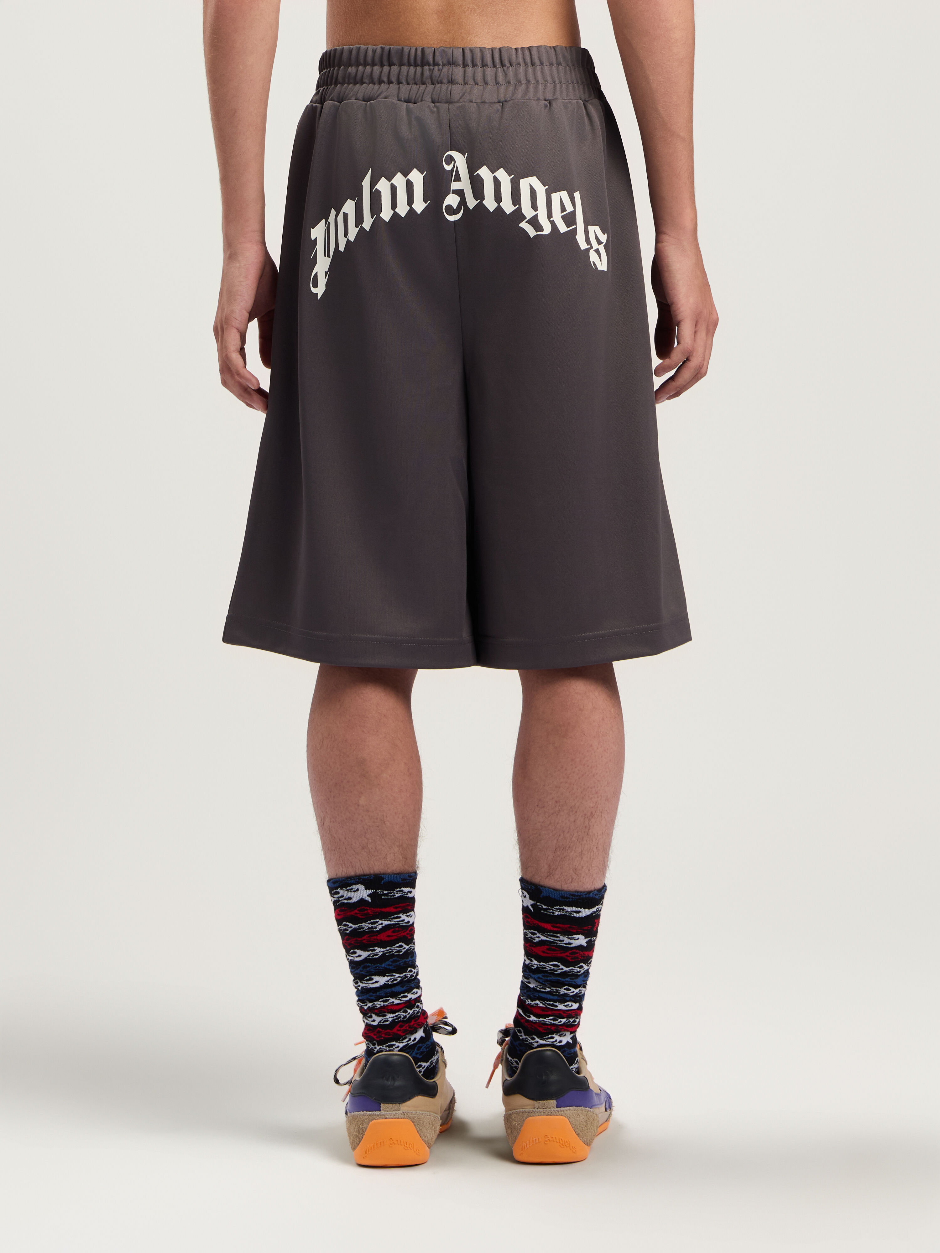 PALM ANGELS Back Curved Logo Track Shorts DARK GREY - OFF WHITE PMCL00AF25FAB001