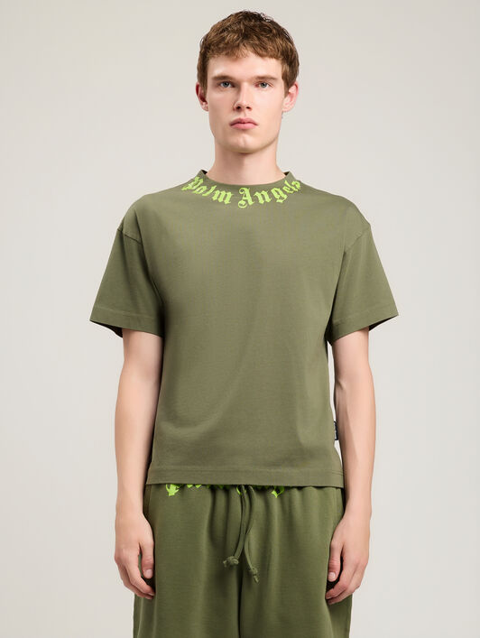 PALM ANGELS Neck Logo T-Shirt MILITARY GREEN LIME PMAA109S26JER008