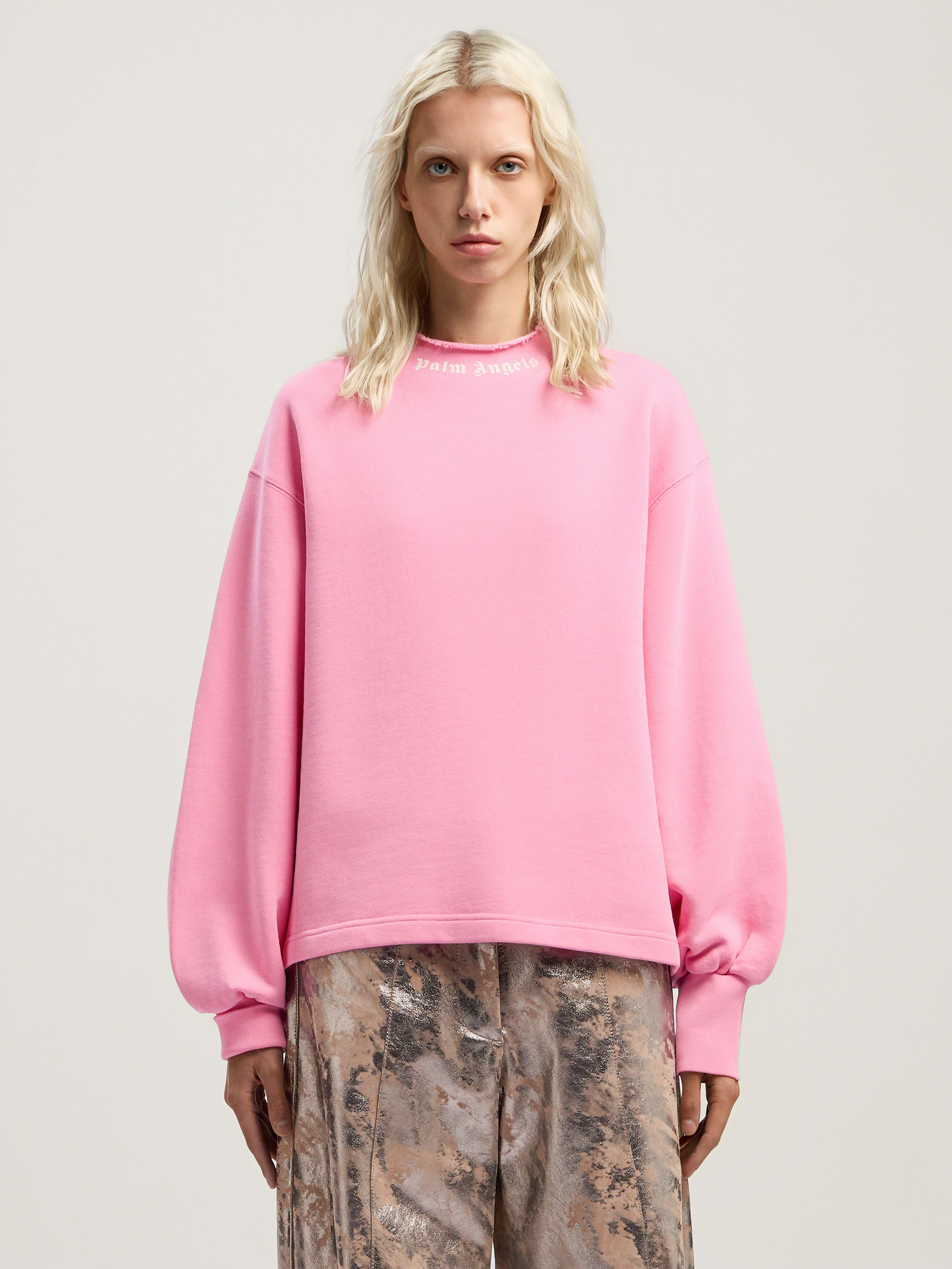 PALM ANGELS Curved Logo Collar Balloon Sweatshirt PINK - OFF WHITE PWBA05EF25FLE001