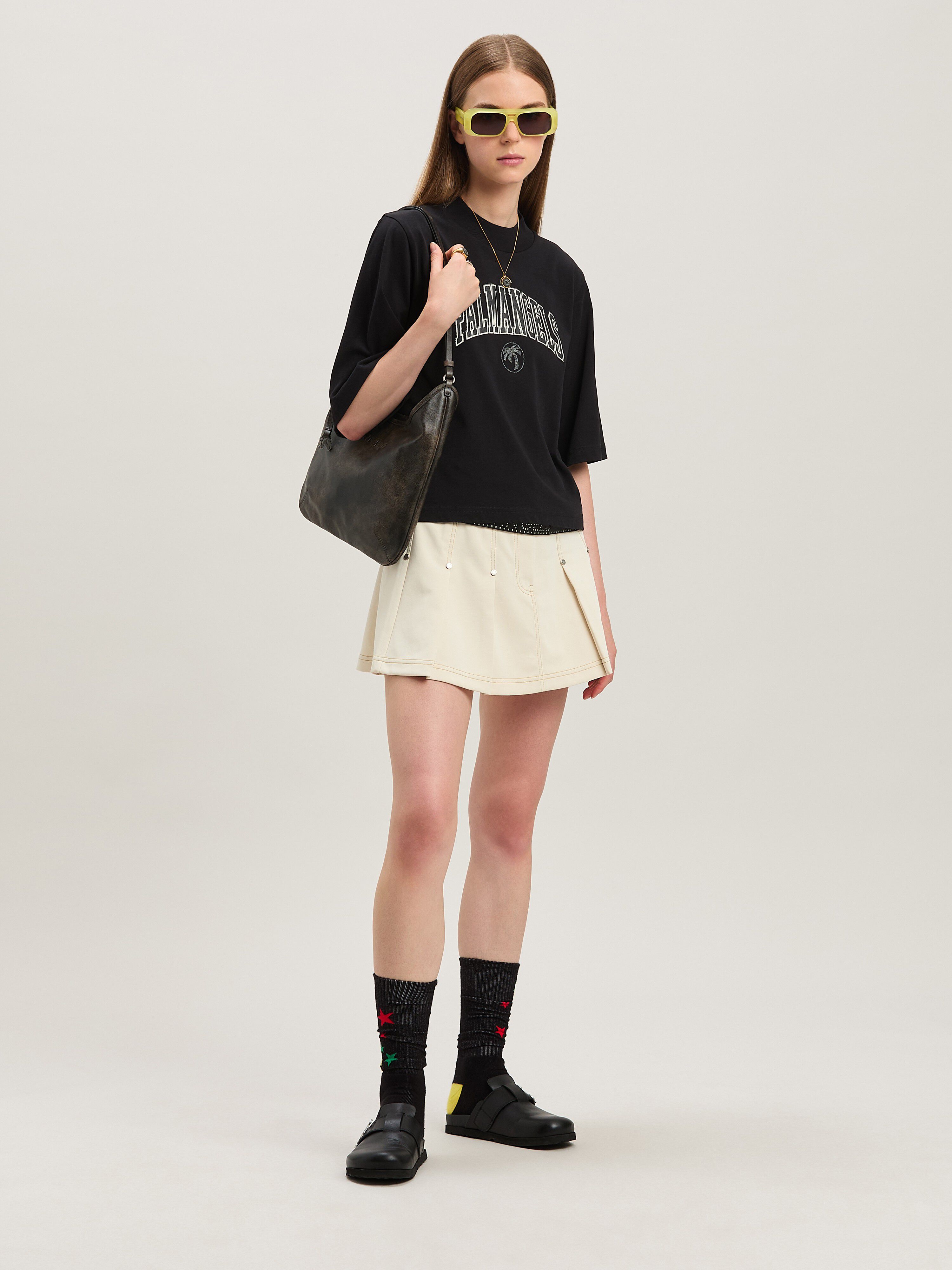 PALM ANGELS  College cropped T-shirt NERO - AVORIO PWAA020S25JER004