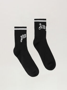 PALM ANGELS Curved Logo Track Socks BLACK - OFF WHITE PMRA008F25FAB002