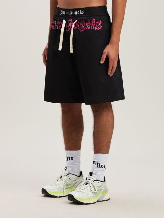 PALM ANGELS  Flame logo sweat shorts BLACK - FUCHSIA PMCB051S25FAB001