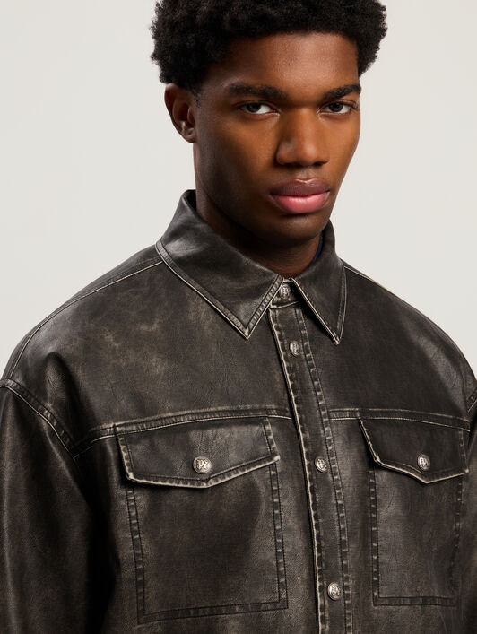 PALM ANGELS Curved Logo Coated Overshirt DARK GREY - BLACK PMJE015F25FAB001
