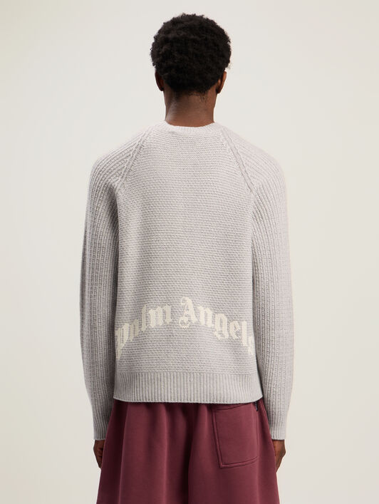 PALM ANGELS Curved Logo Ribbed Sweater GREY MELANGE - OFF WHITE PMHE083F25KNI001