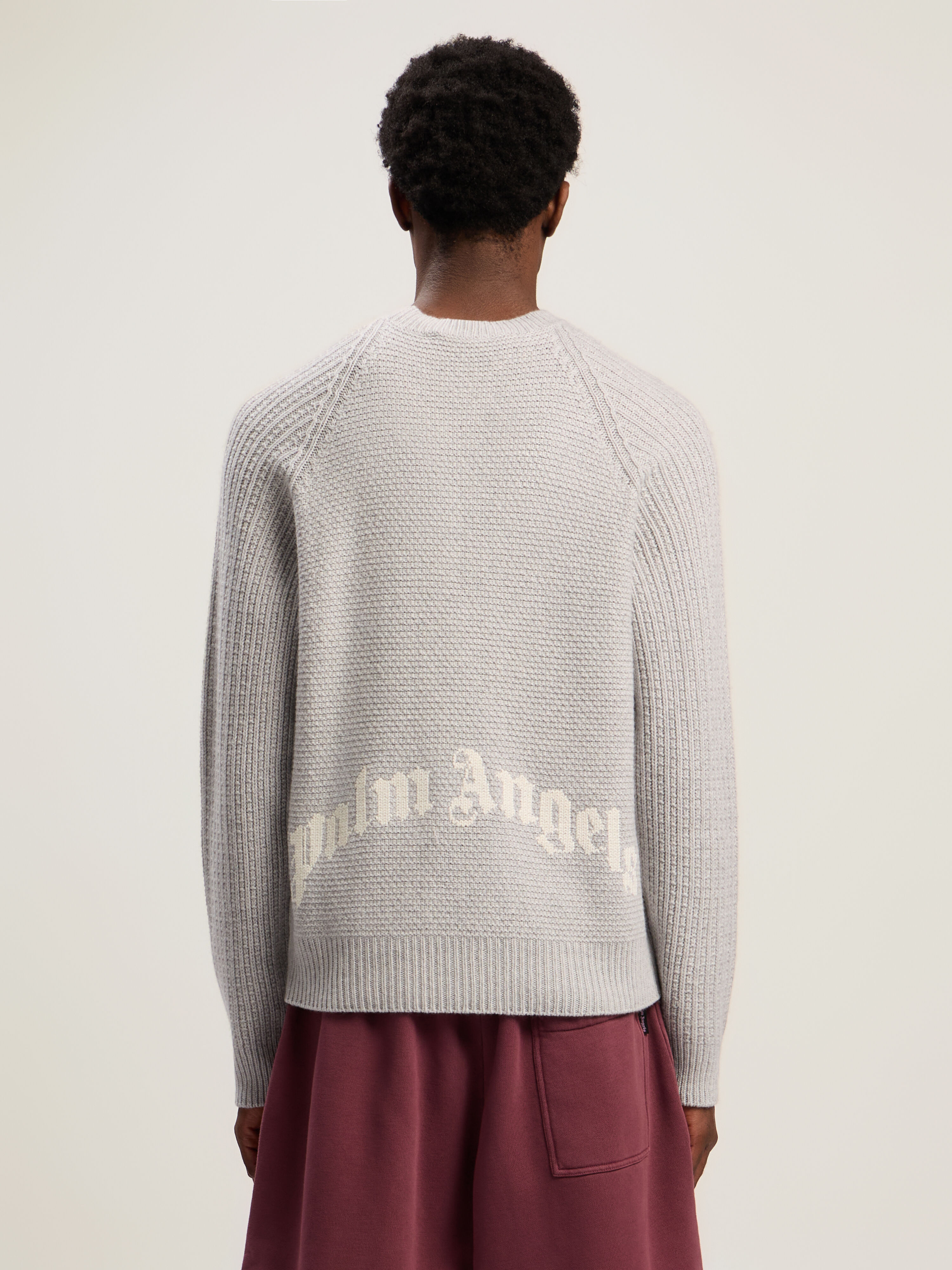 PALM ANGELS Curved Logo Ribbed Sweater GREY MELANGE - OFF WHITE PMHE083F25KNI001