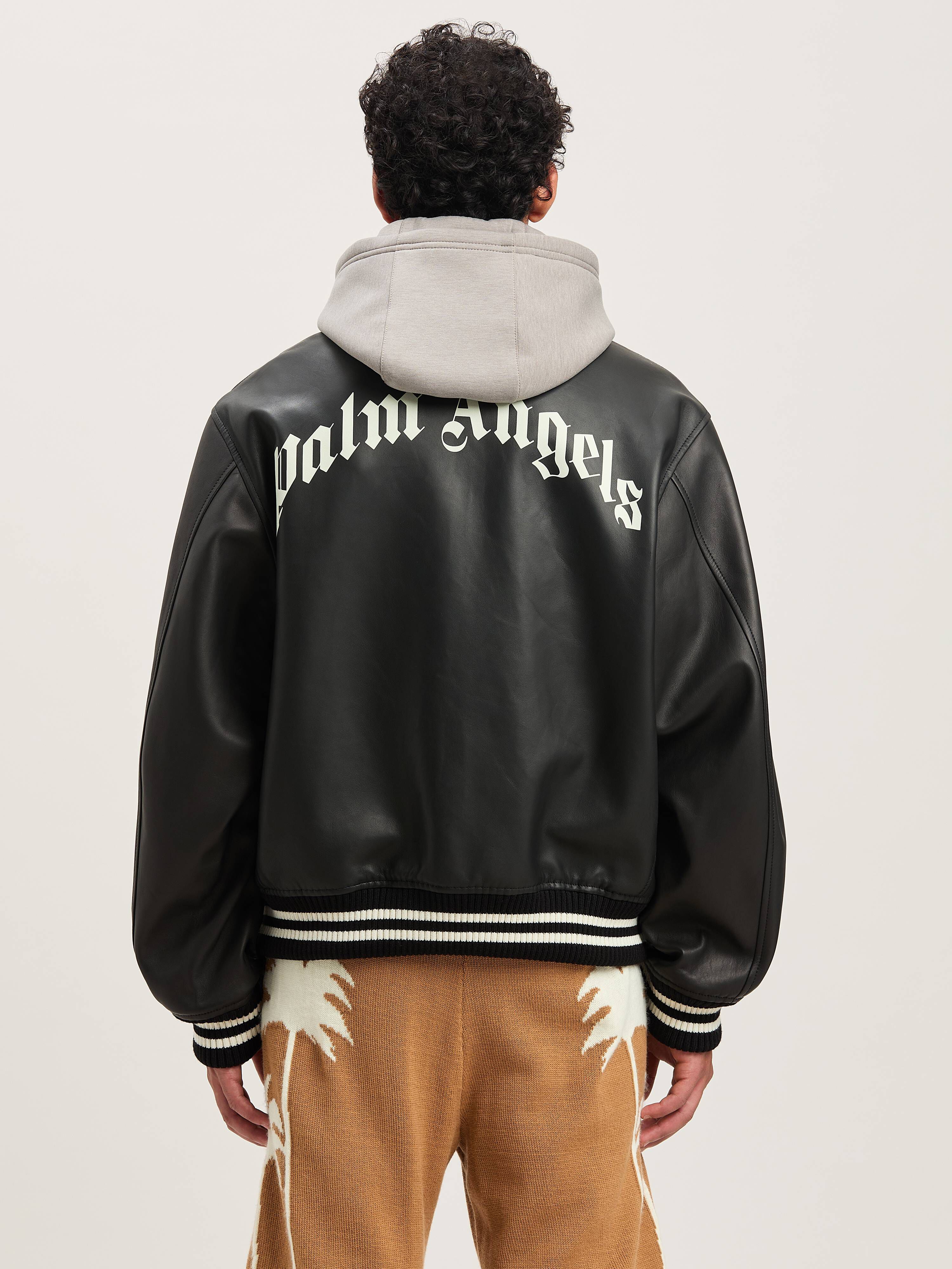PALM ANGELS  Leder-Bomberjacke mit geschwungenem Logo BLACK - OFF WHITE PMJA043S25LEA001