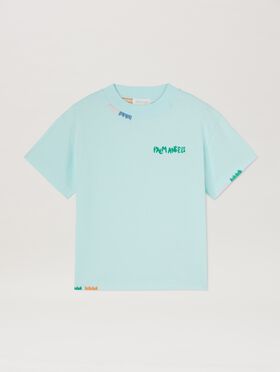 PALM ANGELS  Multicolor logo embroidered T-shirt SKY BLUE GREEN PBAA003S25JER005