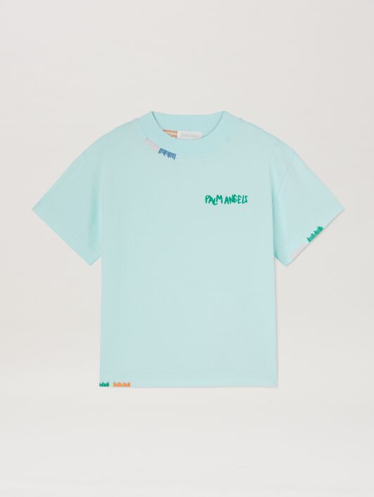 PALM ANGELS  Multicolor logo embroidered T-shirt SKY BLUE GREEN PBAA003S25JER005