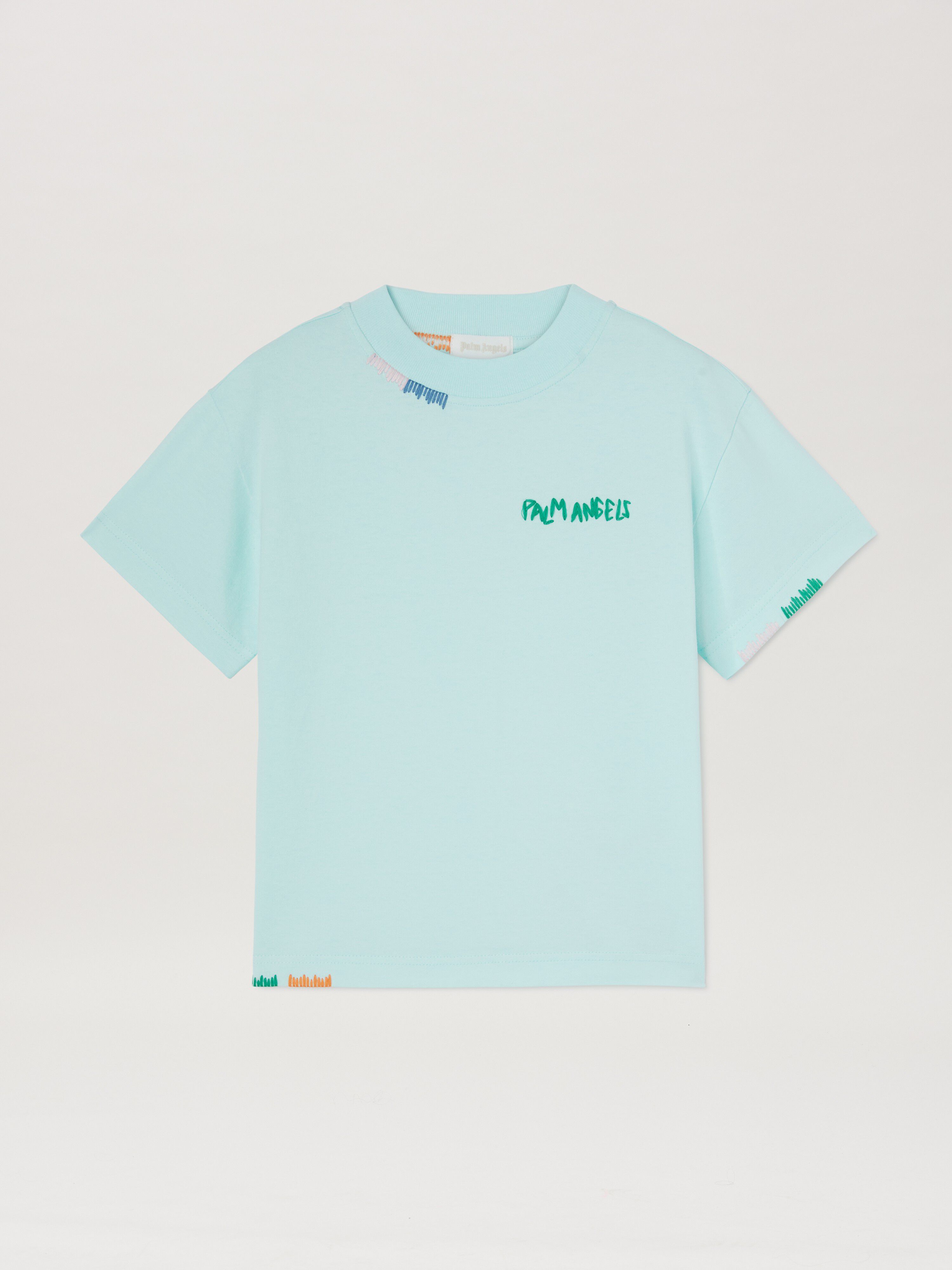 PALM ANGELS  Multicolor logo embroidered T-shirt SKY BLUE GREEN PBAA003S25JER005