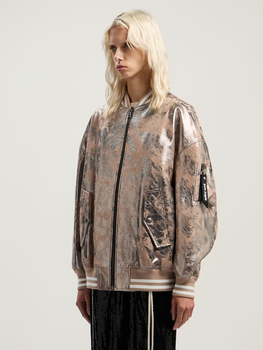 PALM ANGELS Laminated Leather Bomber Jacket NUDE - SILVER PWJA038F25LEA001