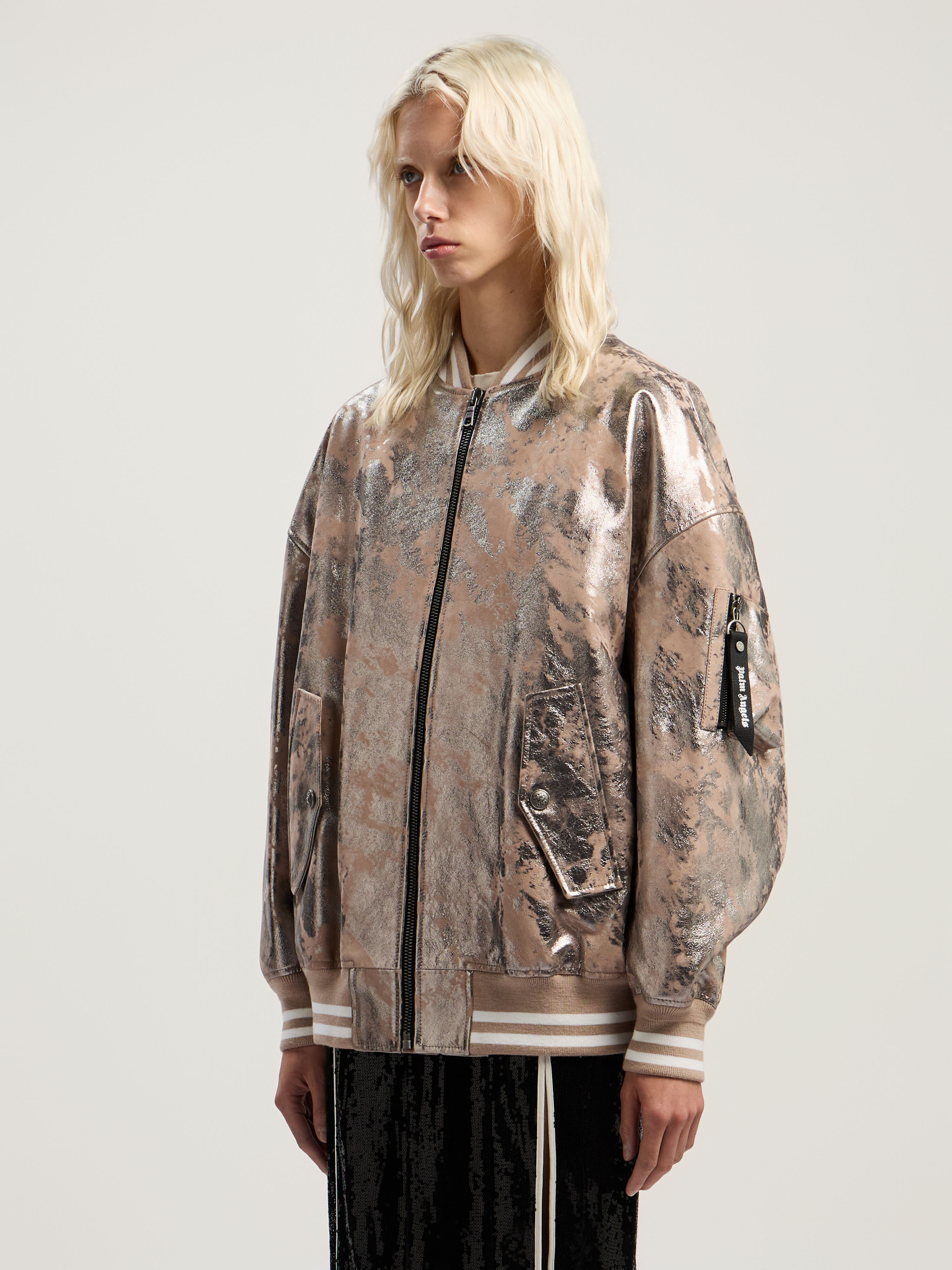 PALM ANGELS Laminated Leather Bomber Jacket NUDE - SILVER PWJA038F25LEA001