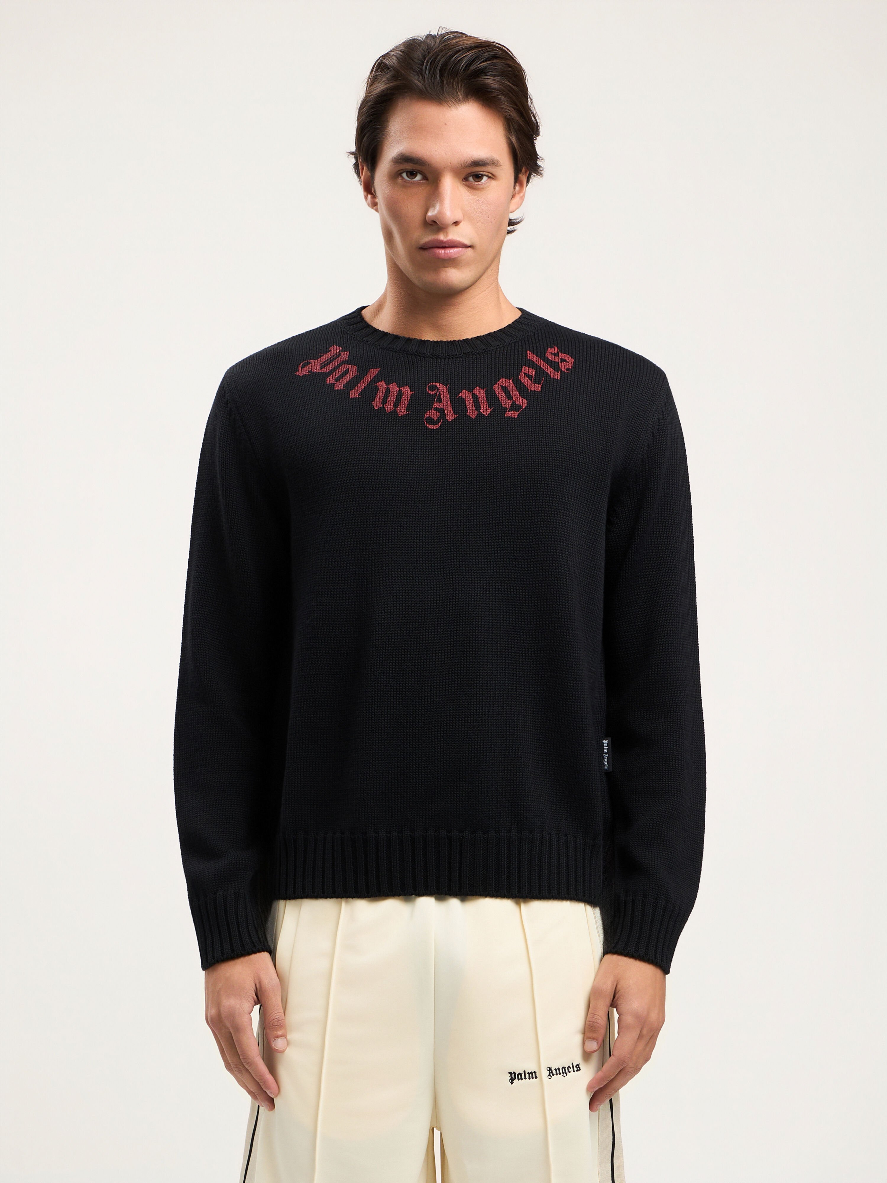 Curved Logo Knit Sweater in BLACK RED for Men | Palm Angels®