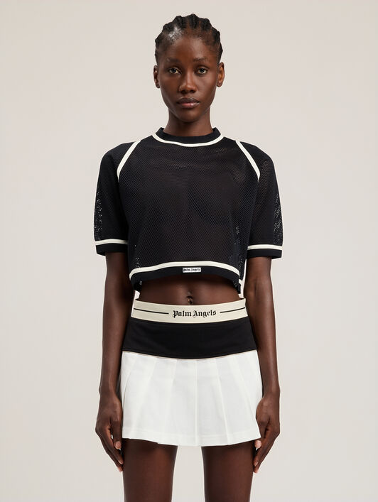 PALM ANGELS Logo Mesh Cropped Top BLACK OFF WHITE PWAD07FS26FAB001