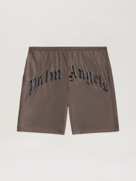 PALM ANGELS Curved Logo Swimshorts BROWN BLACK PMFD018S26FAB001