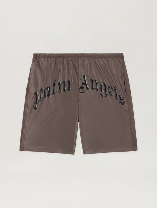 PALM ANGELS Curved Logo Swimshorts BROWN BLACK PMFD018S26FAB001