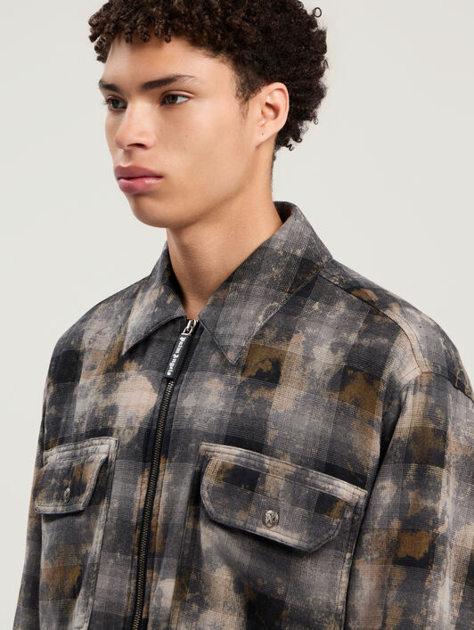 PALM ANGELS Curved Logo Check Overshirt GREY - OFF WHITE PMES049F25FAB001