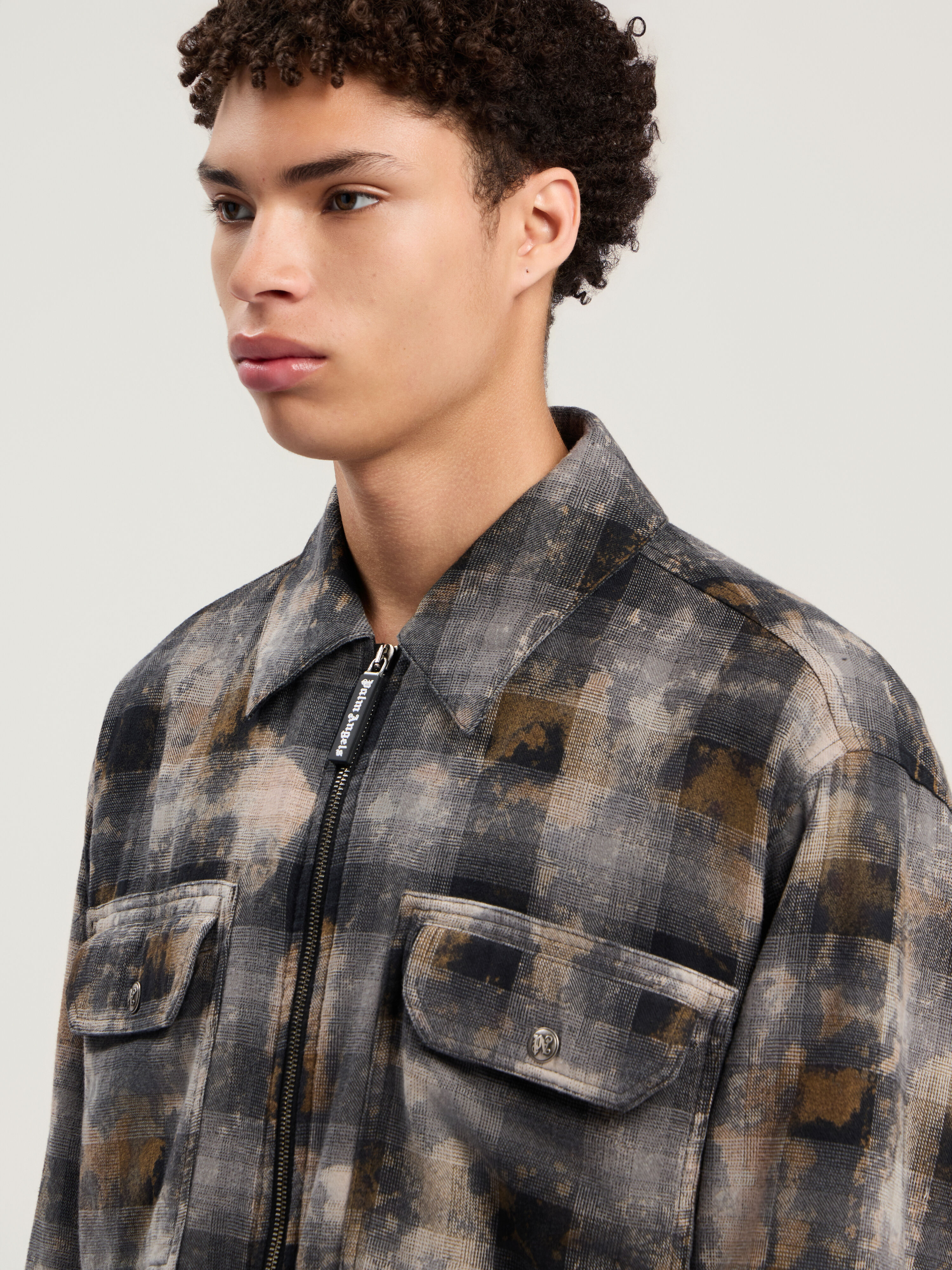 PALM ANGELS Curved Logo Check Overshirt GREY - OFF WHITE PMES049F25FAB001