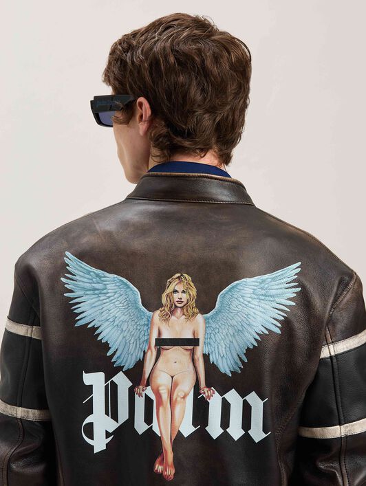 PALM ANGELS  Pin-up Biker Lederjacke BROWN - OFF WHITE PMJG018S25LEA001