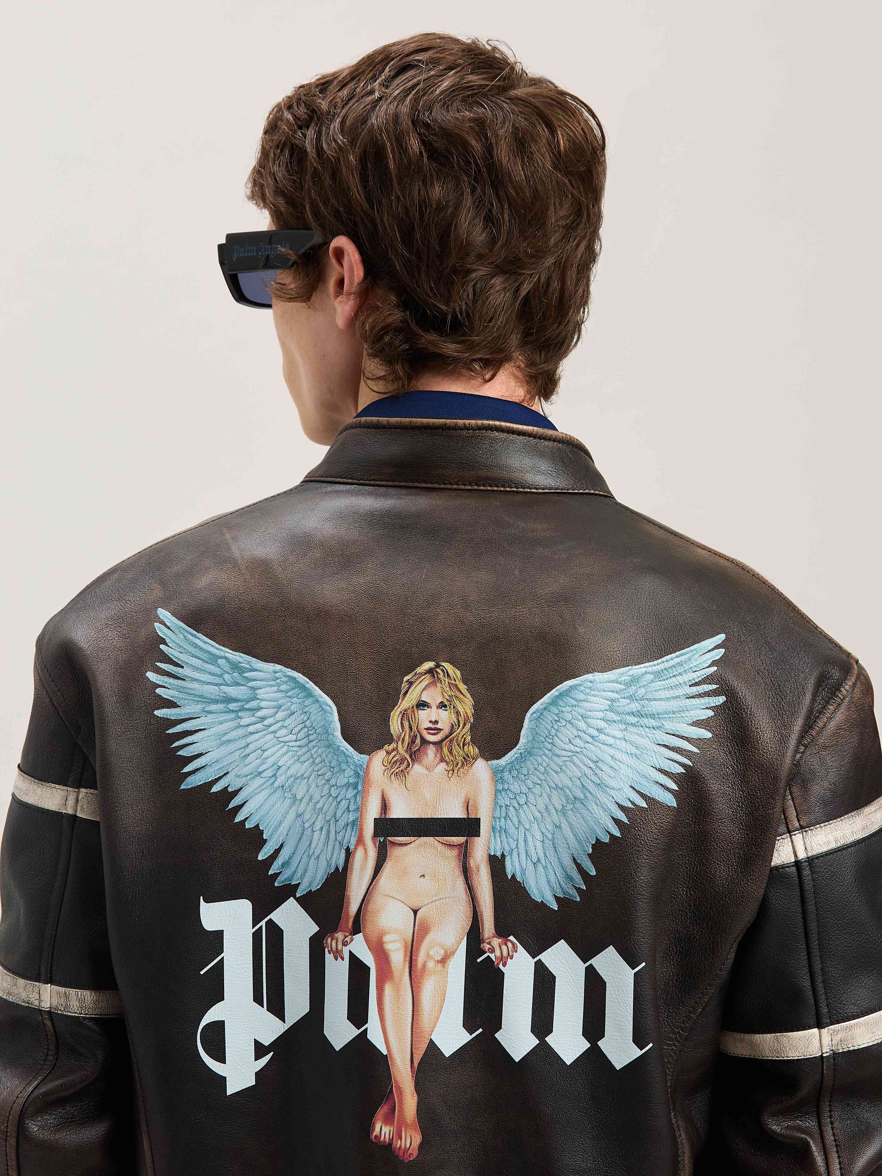 PALM ANGELS  Pin-up Biker Lederjacke BROWN - OFF WHITE PMJG018S25LEA001