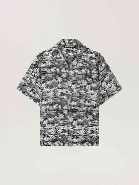 PALM ANGELS Palm Waves Linen Bowling Shirt BLACK - OFF WHITE PAMGG01F26FB02