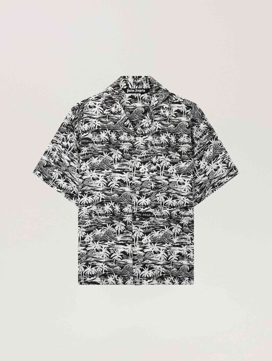 PALM ANGELS Palm Waves Linen Bowling Shirt BLACK - OFF WHITE PAMGG01F26FB02