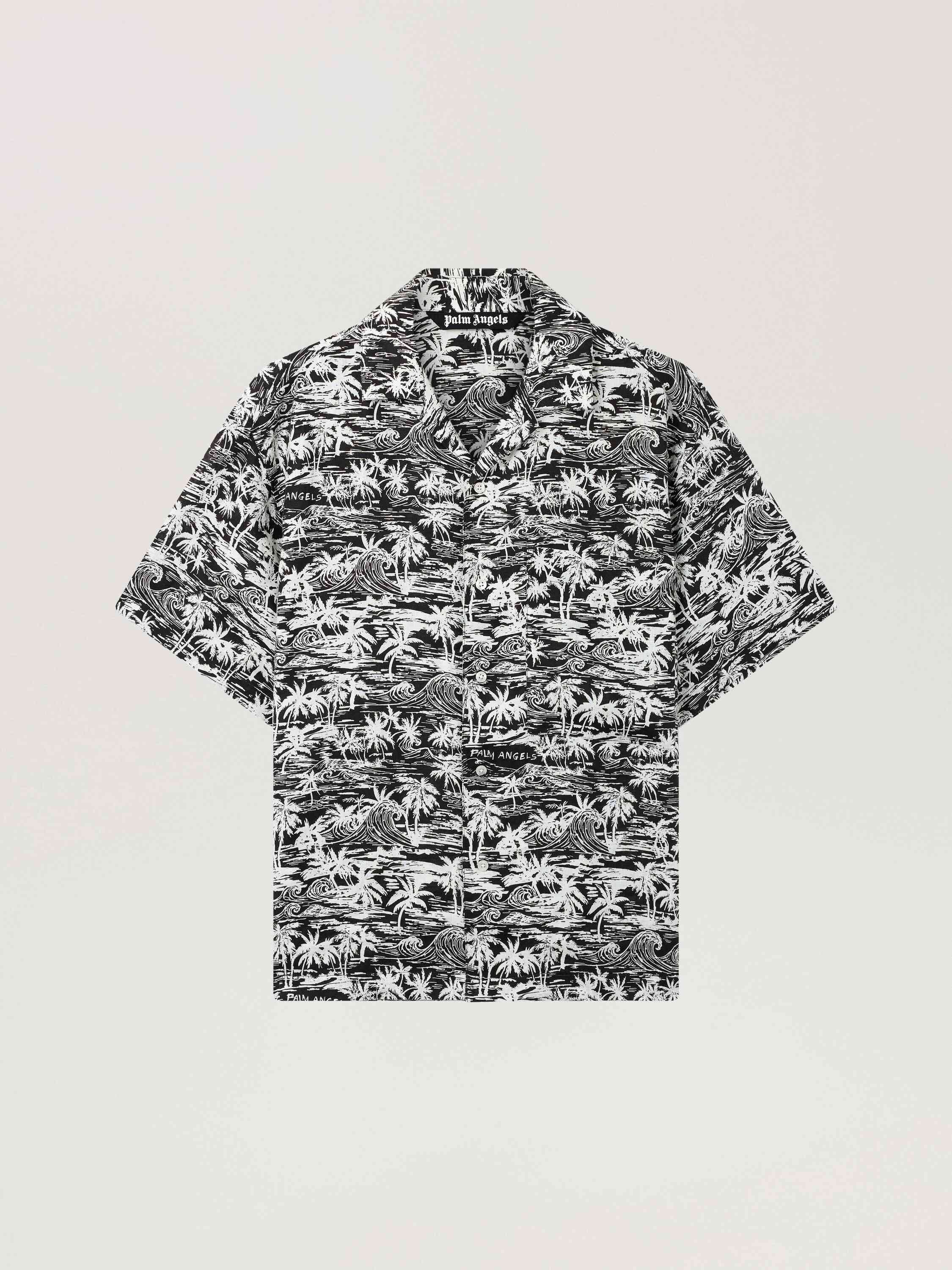 PALM ANGELS Palm Waves Linen Bowling Shirt BLACK - OFF WHITE PAMGG01F26FB02