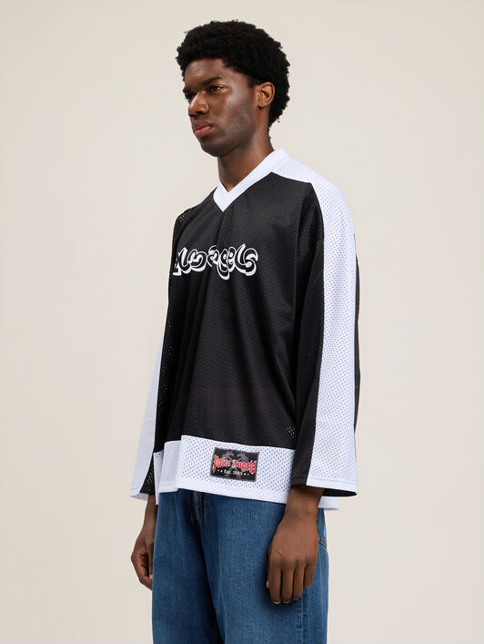 PALM ANGELS Thai Logo Mesh Loose Long-Sleeved T-Shirt BLACK WHITE PMAB05FS26FAB001