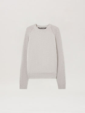 PALM ANGELS Curved Logo Ribbed Sweater GREY MELANGE - OFF WHITE PMHE083F25KNI001