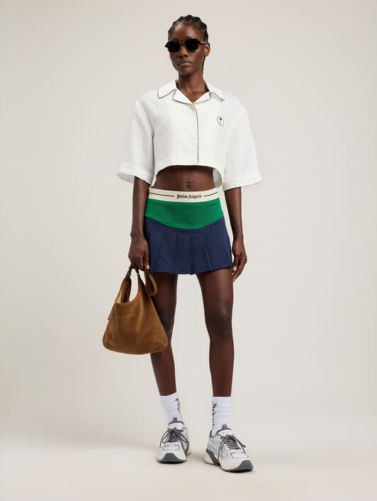 PALM ANGELS Classic Logo Pleated Skirt NAVY BLUE GREEN PWCC094S26FAB001