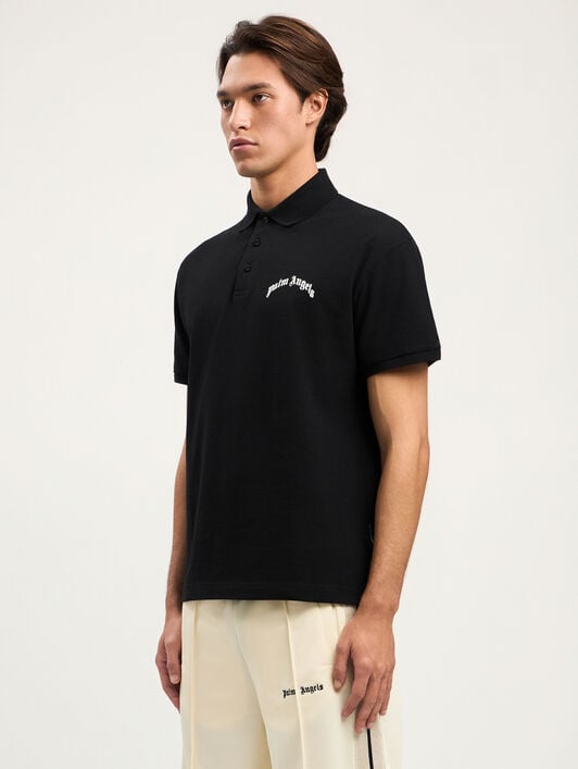 PALM ANGELS Curved Logo Polo Shirt BLACK OFF WHITE PMGB012S26FAB005