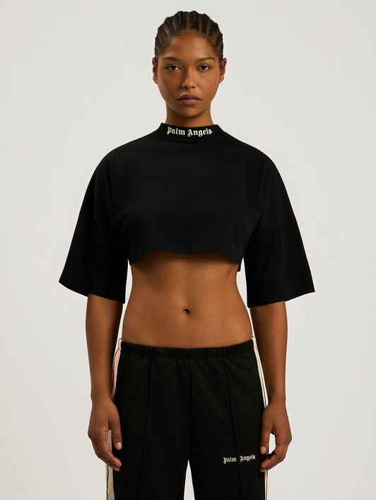 PALM ANGELS Back Curved Logo Cropped T-Shirt BLACK - CREAM PAWAA01F26JR01