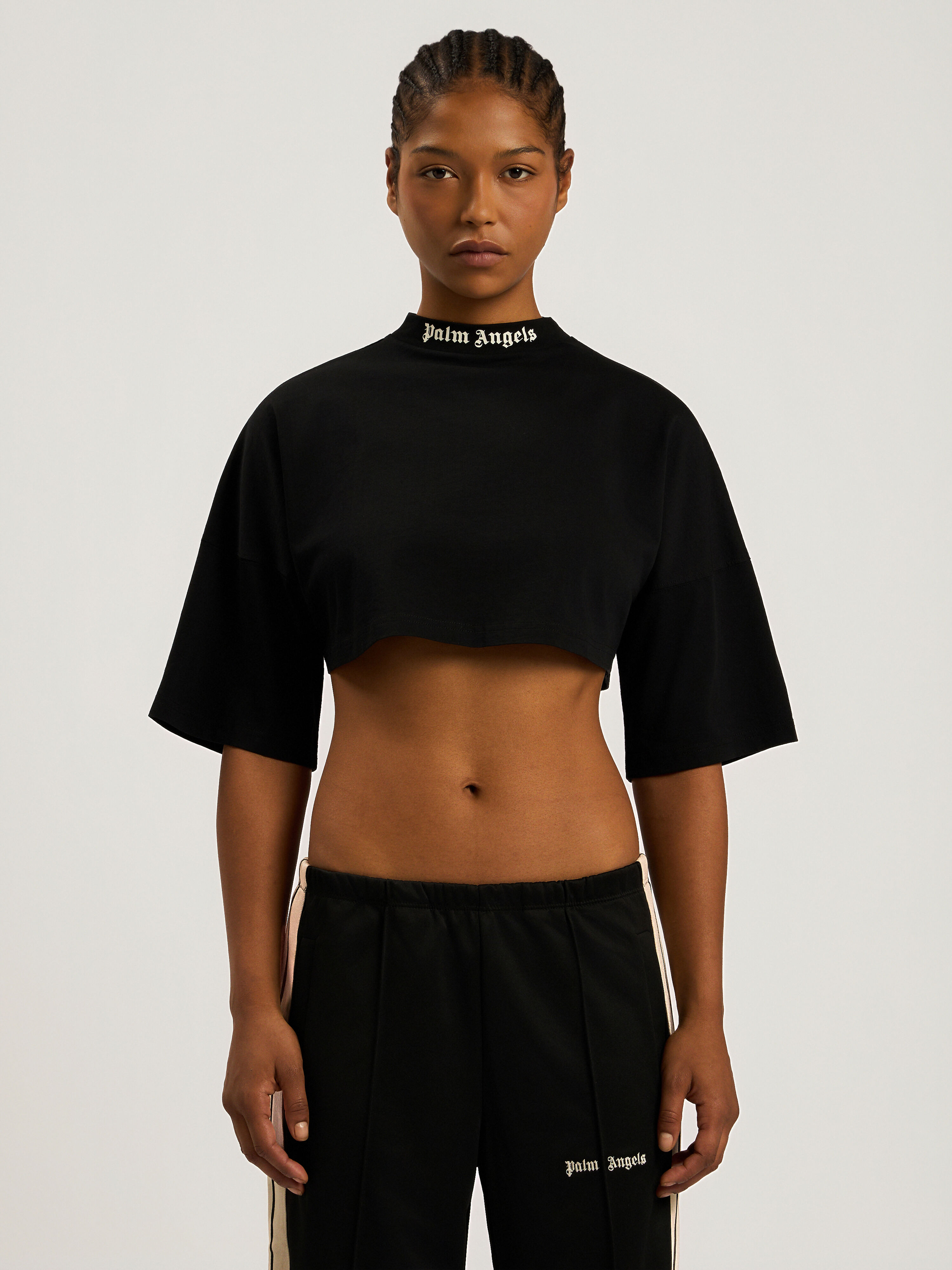 PALM ANGELS Back Curved Logo Cropped T-Shirt BLACK - CREAM PAWAA01F26JR01